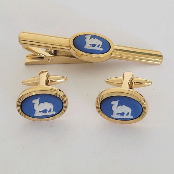 Wedgewood Jasperwear Tie Bar Clip Cufflinks Set Gold Blue Tone Camel England - Picture 1 of 12